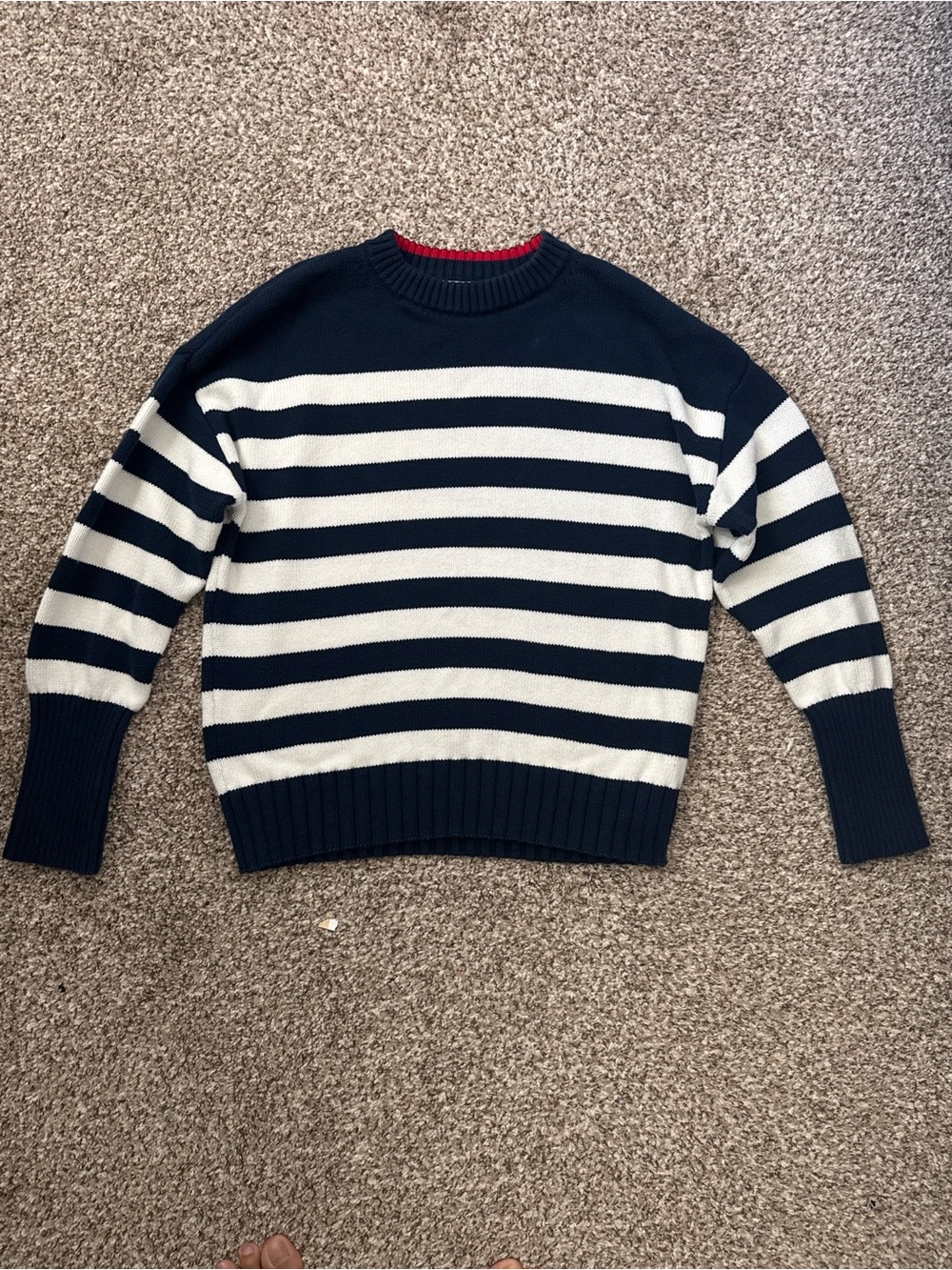 525 America Navy & White Striped Crewneck Sweater with Red Neck Trim